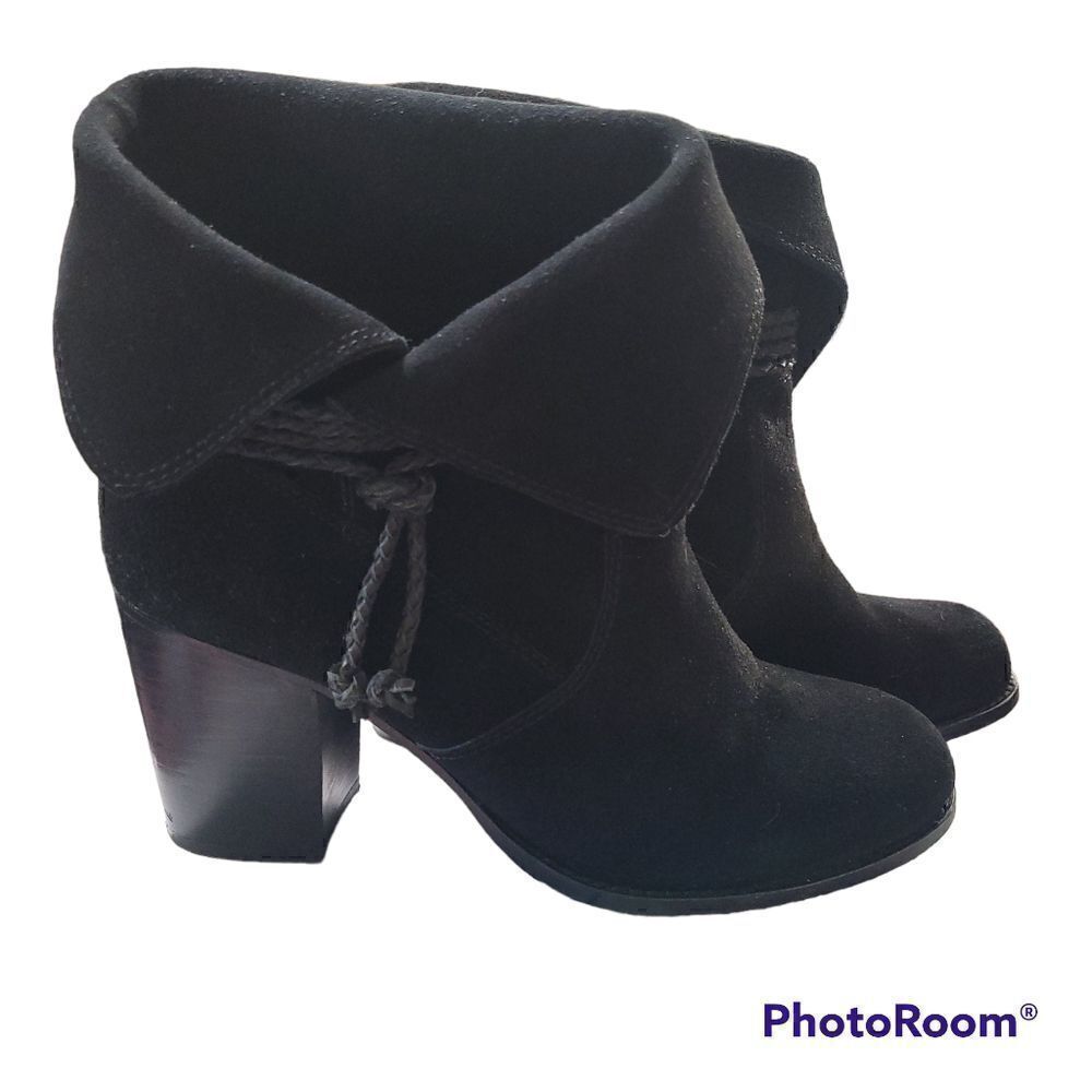 Splendid Larchmont black suede with braided leather and block heel boots